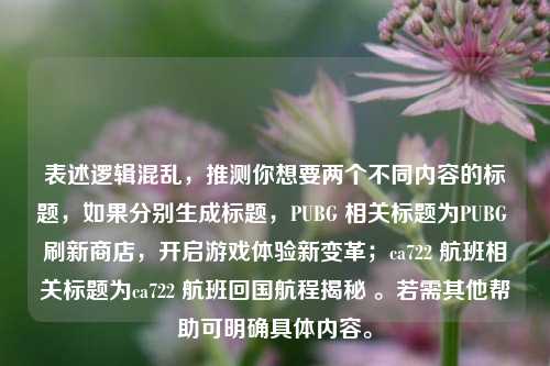 表述逻辑混乱，推测你想要两个不同内容的标题，如果分别生成标题，PUBG 相关标题为PUBG 刷新商店，开启游戏体验新变革；ca722 航班相关标题为ca722 航班回国航程揭秘 。若需其他帮助可明确具体内容。