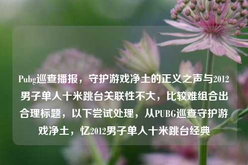 Pubg巡查播报，守护游戏净土的正义之声与2012男子单人十米跳台关联性不大，比较难组合出合理标题，以下尝试处理，从PUBG巡查守护游戏净土，忆2012男子单人十米跳台经典
